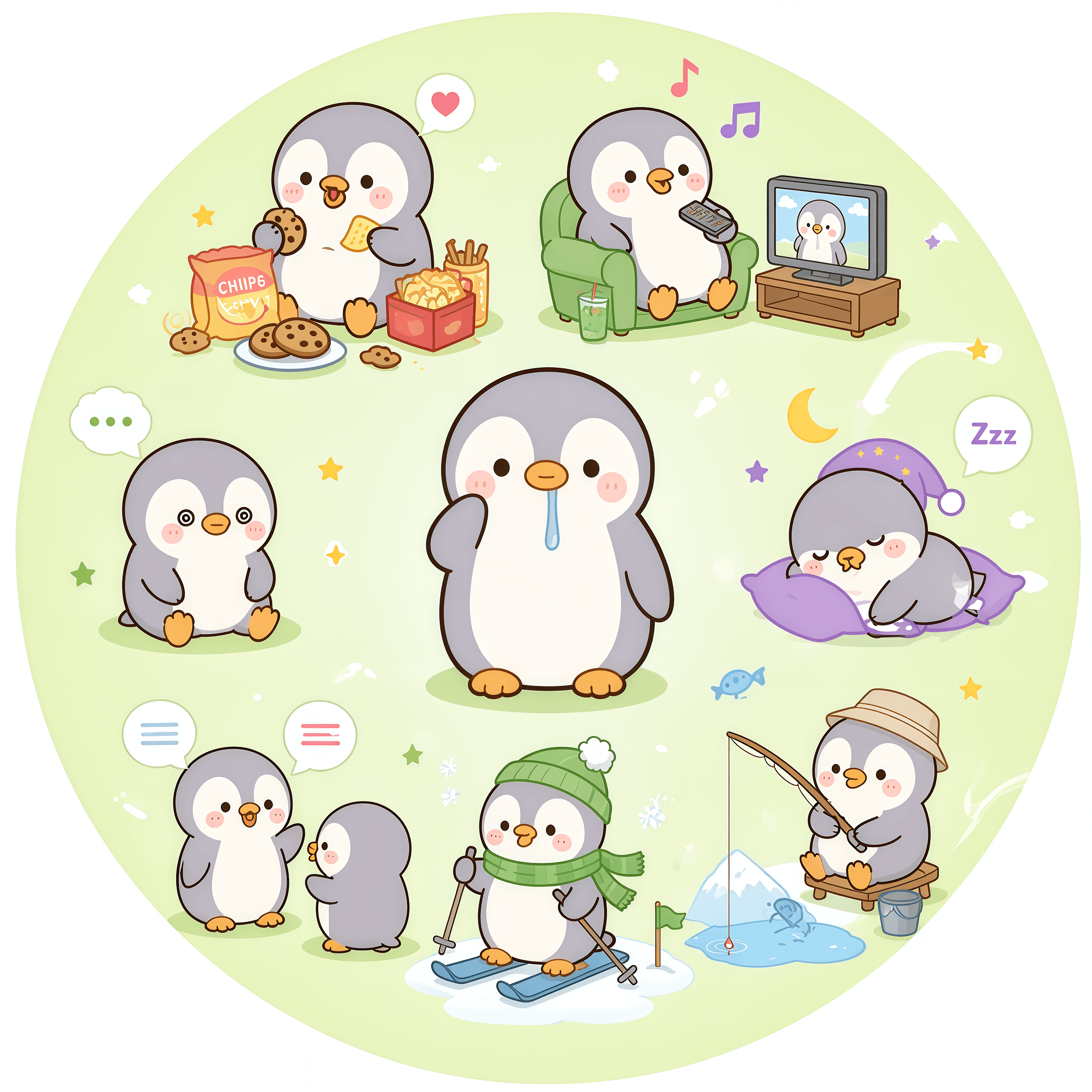Dodo penguin virtual pet mood status artwork showing emotional companion states
